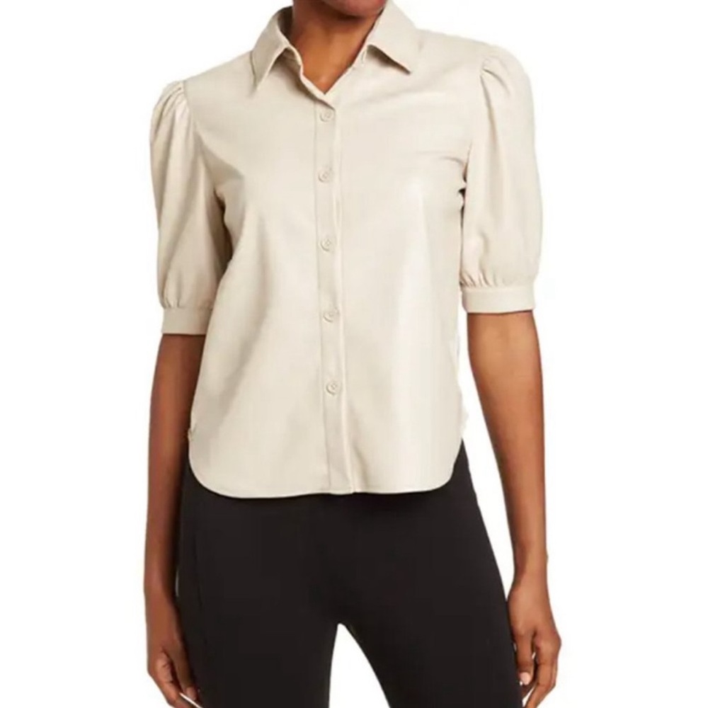 TRUTH by Republic Faux Leather Puff Sleeve Button Front Top in Black